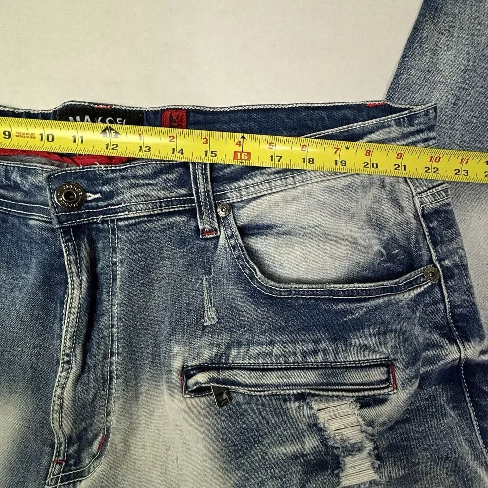 MAKOBI‎ Alki Biker Jeans Mens 44X32 M1757 Vintage Light Wash Moto Distressed NWT